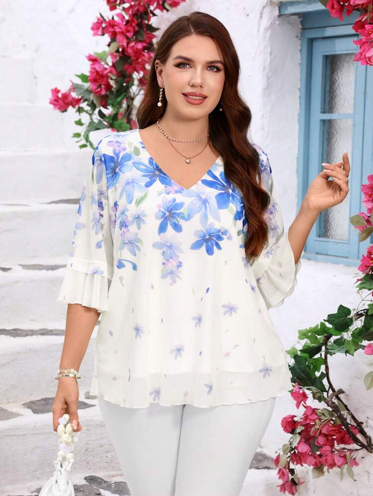 Plus Size Women's Summer Casual Vacation  Elegant Romantic Blue Floral Print Ruffle Sleeve Blouse Shirt Top,Casual Holiday Style,Summer Outfits For Women ,Vacation Outfits Women ,Holiday Outfits For Women,Going Out Outfits, New Clothes,Simple And Fashionable For Everyday Wear,Suitable For Summer, Vacation, Daily Wear, Festival Outfits For Women,Country Concert Outfit,Beach Outfits For Women,Gifts For Mother,Boho Shirt,Tunic Blouse,White Top