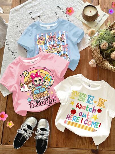 SHEIN 3件套返校季，注意啦！我来啦！可爱卡通校车、彩虹花、铅笔、蝴蝶结装饰返校季图案基础款圆领短袖T恤，女童款，休闲简约，适合春夏日常穿着，返校季，白色、米粉色、天蓝色