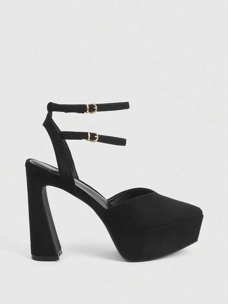 CUCCOO LuxiPop Spring/Summer New Fashion Pointed Toe High Heel Sandals With Ankle Wrap Design, Waterproof Platform, Elegant Suede Material, Sexy Black Color, Suitable For Formal Occasions, Date, Afternoon Tea, Party, Valentine's Day, Vacation, Travel, 2000s Style