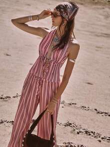 Easelle 女士度假休闲条纹露背吊带上衣和裤子两件套 - 彩色 - 查看 1