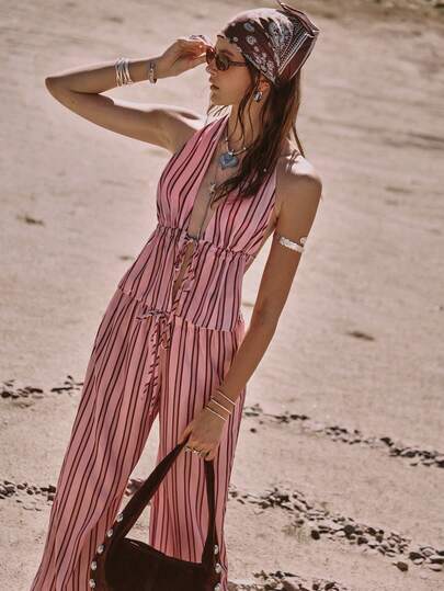 Easelle Women's Vacation Casual Striped Backless Halter Top And Pants 2 Pieces Set