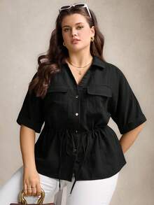 Zelara Plus Size Women Drawstring Waist Short Sleeve Utility Pocket Loose Shirt - Black - View 1