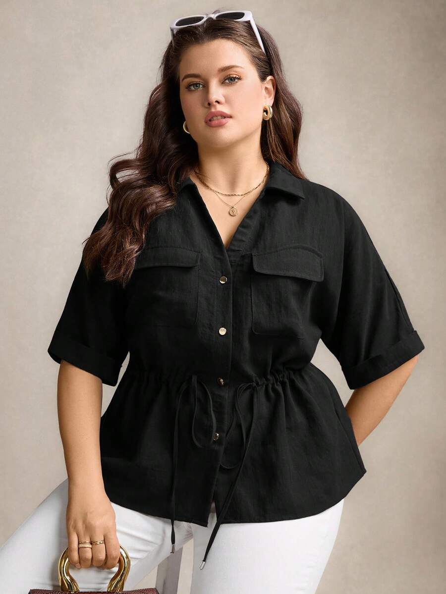 Zelara Plus Size Women Drawstring Waist Short Sleeve Utility Pocket Loose Shirt - Black - View 1