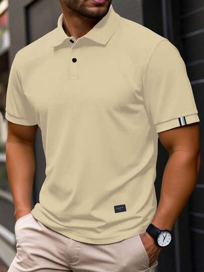 Manfinity Homme Plus Size Men's Casual Solid Color Short Sleeve Polo Shirt, Summer
