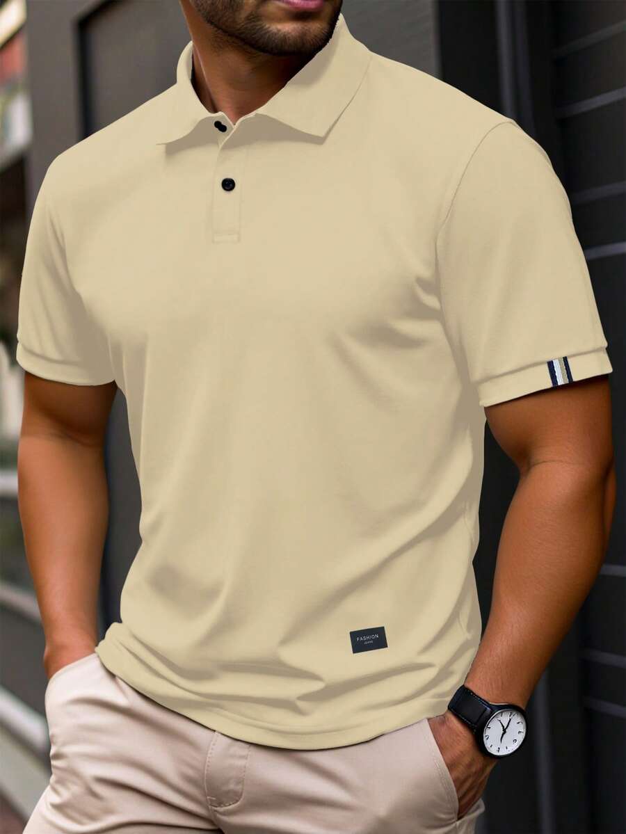 Manfinity Homme Plus Size Men's Casual Solid Color Short Sleeve Polo Shirt, Summer, Formal - Khaki - View 1