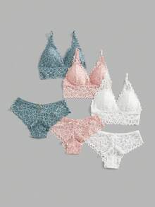 Lowkey Lull 3sets Solid Lace Bra & Panty Lingerie Set - Multicolor - View 4