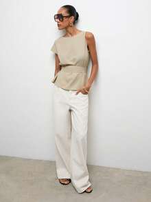 Maija Damen Sommer Mode Chic Beige Leinen Peplum Top,Asymmetrische Ärmel geraffte Taille Arbeitsblusen für Frauen,Atmungsaktiv Lässig Strand Urlaub - Khaki - Übersicht 7