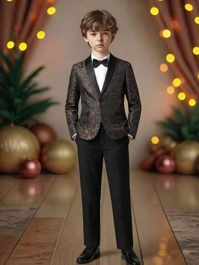 SHEIN 2pcs Tween Boy Gentleman Set, Contrast Color Lapel Long Sleeve Jacket + Trousers, Elegant Outfit For Valentine's Day, Birthday Party, Evening Party,  , Christening, BirthdayWedding,Prom,Graduation Tuxedo For Kids Boy Boy Elegant Clothes Boy Formal Outfit Wedding Suit For Boys Boys Party Wear