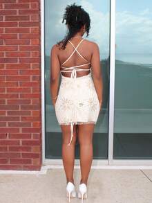 Steph T Women's Mesh Backless Tie-Up Elegant Romantic Sexy Date Dress, Evening Cocktail Party Dress, Wedding Guest Dress, Holiday Vacation Dress, Girls' Night Out, Clubwear, Dinner Date Outfit Sequin Dress - Apricot - View 2