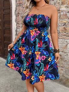 Breezaya Plus Size Black Summer Boho Tropical Rainforest Floral Strapless Backless Ruched A-Line Dress Beach Vacation Summer Beach Dress Festival Party Country - Black - View 4