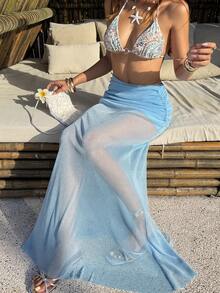 SHEIN SunnyBelle Chân váy maxi đuôi cá cạp thấp màu xanh dương dành cho nữ, đính sequin, trang phục đi biển, váy hè cho tiệc tùng, đám cưới, sinh nhật, hẹn hò, mùa xuân/hè. - Màu xanh lam - Xem 7