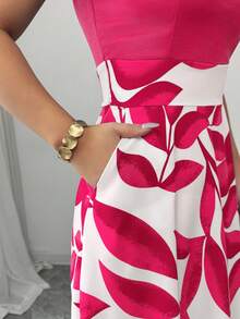 Elenzga Women's Blue Patchwork Print V-Neck Waist Flared Casual Vacation Dress - Hot Pink - View 6