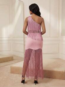 Anewsta 女士新款性感莲花粉色流苏单肩上衣，优雅精致，适合宴会、派对、生日、舞会等场合。 - 藕粉色 - 查看 2