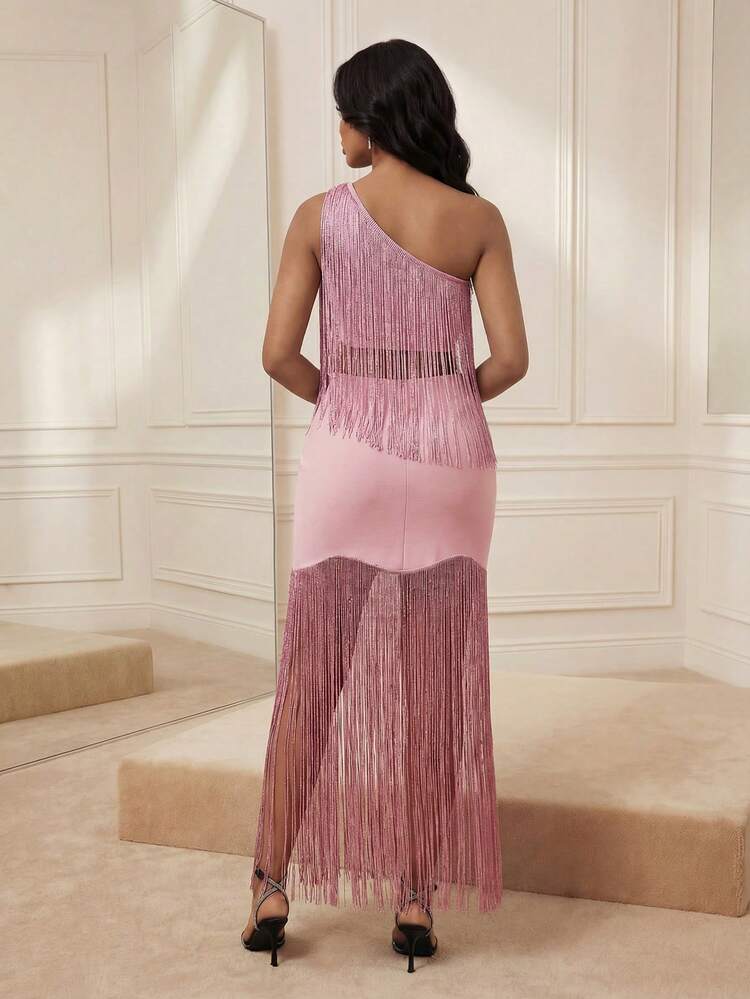 Women's New Sexy Lotus Pink Fringed One Shoulder Top, Elegant And Exquisite For Banquet, Party, Birthday, Ball