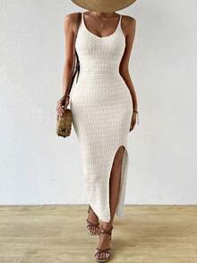 Breezaya 女士纯色开衩设计优雅收腰派对针织吊带裙 - 白色 - 查看 7