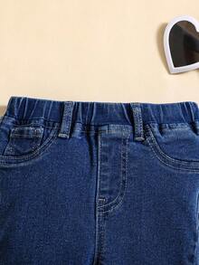 SHEIN Baby Girl White Pearl Embellished Blue Denim Flare Jeans - Dark Wash - View 4