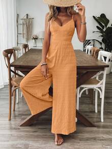 Breezaya Bộ jumpsuit nữ cổ chữ V hở lưng thắt nơ, màu đỏ hồng, thích hợp cho mùa xuân/hè. - Màu Cam san hô - Xem 4