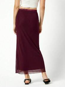 LYSMO 女士高腰酒红色中长裙，采用撞色网纱美人鱼裙摆和蕾丝饰边。 - 酒紅色 - 查看 2