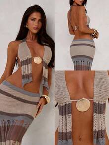 Aloruh 女士春夏新款波西米亚复古风钩针编织两件套，优雅性感沙滩度假装：露背吊带短款上衣+超低腰镂空长裙两件套，女士两件套，秋冬性感女装 - 灰色 - 查看 9