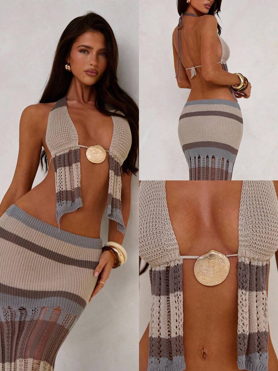 Aloruh Bộ đồ nữ mùa Xuân/Hè mới về phong cách Boho cổ điển, áo croptop móc len 2 mảnh, trang phục nghỉ dưỡng bãi biển thanh lịch và gợi cảm: Áo croptop hai dây hở lưng + Chân váy dài cạp siêu thấp với thiết kế khoét rỗng, bộ đồ 2 mảnh dành cho nữ, trang phục gợi cảm cho nữ mùa Thu/Đông