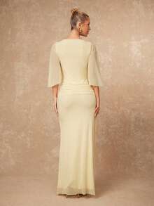 Lumalex 女士优雅性感黄色圆领金属扣装饰荷叶边蝙蝠袖修身连衣裙，春夏款 - 黃色 - 查看 8