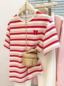 Resyla Striped Digital Print, Bow Embroidery Fashionable Minimalist Women's Regular Crew Neck T-Shirt, Gift For Friends - Multicolor - View 3