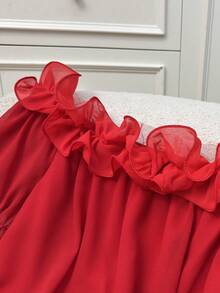 SHEIN Franclia Áo kiểu nữ thanh lịch, bèo nhún, trễ vai, dáng rộng - Màu Đỏ Sâu - Xem 4