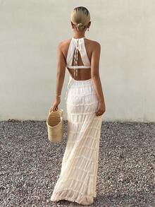 DAZY Đầm cổ yếm buộc dây kiểu dáng nghỉ dưỡng cho nữ, trang phục du lịch biển cho nữ mùa hè - trắng - Xem 4