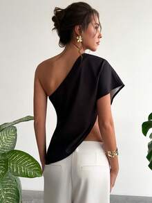 RiviMae 女士不对称下摆印花露肩上衣 - 黑色 - 查看 2