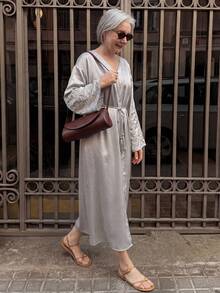 DAZY Women's Embroidered Loose Long Robe Dress - Grey - View 3