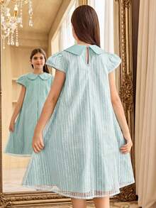 SHEIN Đầm suông tay cánh hoa kiểu dáng thường ngày cho bé gái tuổi teen - Màu xanh Bạc hà - Xem 6
