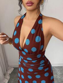 Elenzga Women's V-Neck Ruched Halter Dress, Fashionable French Polka Dot Long Vacation Dress - Brown - View 3