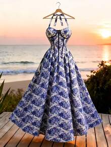 Qadelle Elegant Floral Print Backless Halter Dress, Summer - White - View 3