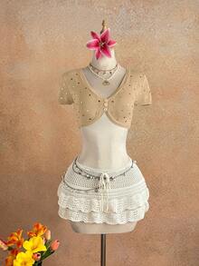 Elamini 女士亮片单排扣休闲百搭日常短袖开衫 - 卡其色 - 查看 4