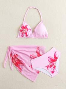 SHEIN 少女三件套比基尼，可爱粉色百合花针织三角上衣、三角泳裤、三角围巾，时尚休闲优雅女士风格，适合游泳、夏季度假、海滩、泳池、节日派对等场合。 - 粉色 - 查看 5
