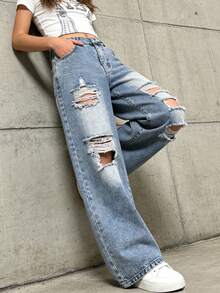 Jeans style de rue pour adolescentes, coupe droite ample, couleur bleu clair en denim, design déchiré et délavé, tissu doux et confortable, convient pour l'école, les déplacements et les sorties décontractées, toutes saisons - Jean clair - Voir 6
