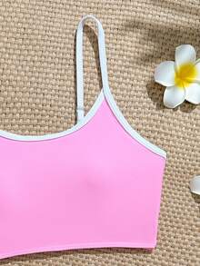 SHEIN 休闲露背花卉镂空设计少女吊带比基尼上衣 - 淺粉色 - 查看 3
