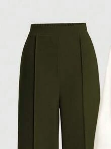 Franclia 2pcs/Set V-Neck Contrast Color Patchwork Top And Straight Leg Pants, Casual Autumn/Winter - Army Green - View 3