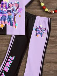 2件套卡通女孩彩色紫色和黑色撞色T恤和喇叭裤，多巴胺色调，韩流少女休闲简约卡通图案圆领短袖T恤和喇叭裤，适合夏季户外野餐、街头摄影、居家、校园等场合。 - 彩色 - 查看 5