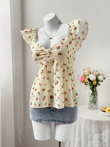 Flirla Plus Size Elegant Floral Embroidery Cap Sleeve Blouse, Suitable For Spring/Summer Vacation - Yellow - View 5