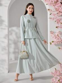 Veilorie Bộ đồ 2 mảnh thanh lịch dành cho nữ: Áo dài tay và chân váy midi bằng vải lưới họa tiết hoa. - Màu xanh Bạc hà - Xem 2