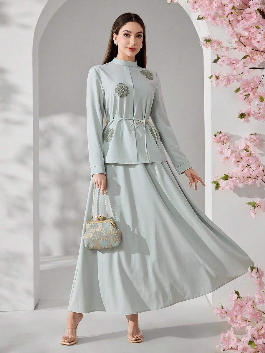 Veilorie Bộ đồ 2 mảnh thanh lịch dành cho nữ: Áo dài tay và chân váy midi bằng vải lưới họa tiết hoa.