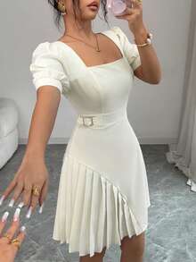 Elenzga Women's Spring/Summer New Arrival Elegant Chic Minimalist Dress, Suitable For Commute, Date, Afternoon Tea, Shallow Peach Petal Sleeve Cinched Waist Pleated A-Line Mini Dress - Apricot - View 4