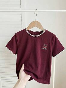 SHEIN 青少年女孩可愛3D蝴蝶結紅色T恤，休閒百搭適合任何場合，酒紅色上衣，深色沙灘風女孩上衣 - 酒紅色 - 查看 5