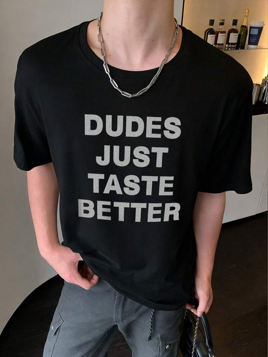 Manfinity Dauomo 男士休闲圆领字母印花短袖T恤，夏季 - 黑色 - 查看 1