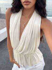 SHEIN SXY 女士性感深V领荷叶边下摆度假白色衬衫 - 白色 - 查看 1