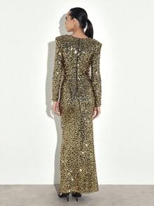 KSTM Glamorous Long Sleeve Deep V Neck Gold Sequin Bodycon Dress With Side Slit For Evening Party Formal Events - Gold - View 6