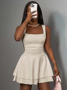 Slaydiva 2026春夏新款休闲度假浪漫基础款街头性感优雅通勤派对夜店俱乐部纯白无袖层叠迷你连衣裙，大码女装 - 杏色 - 查看 5