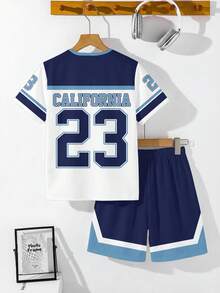 青少年男童休闲简约时尚 Y2K 街头运动衫，经典学院风，23 号图案，美式复古，宽松舒适简约圆领短袖 T 恤和短裤套装 - 彩色 - 查看 3