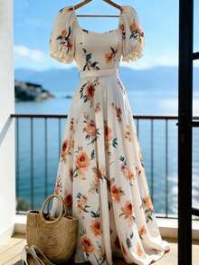 GlowEve Women's Woven Printed Summer Long Dress For Vacation - Apricot - View 3